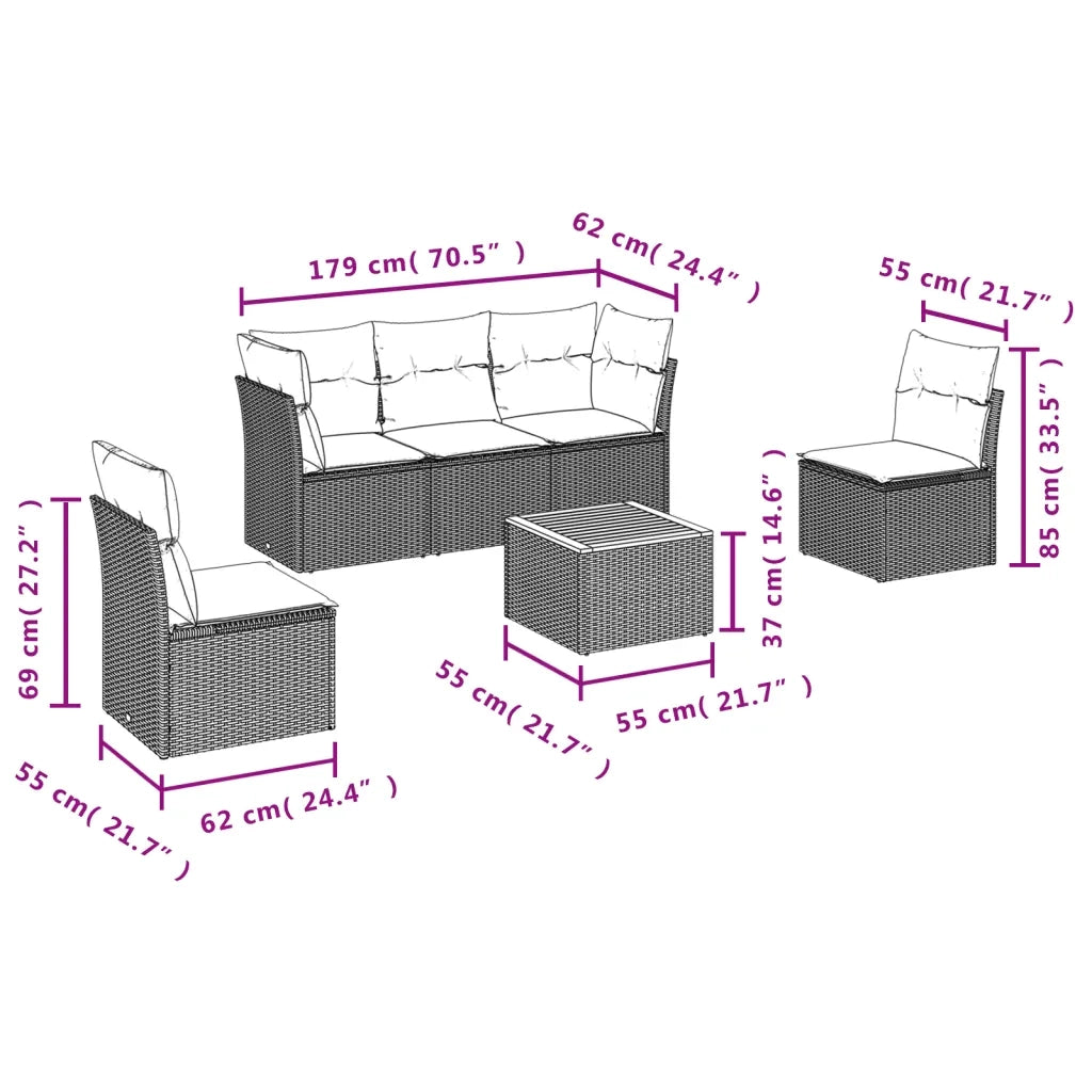 Set Divano da Giardino 6 pz con Cuscini Beige in Polyrattan