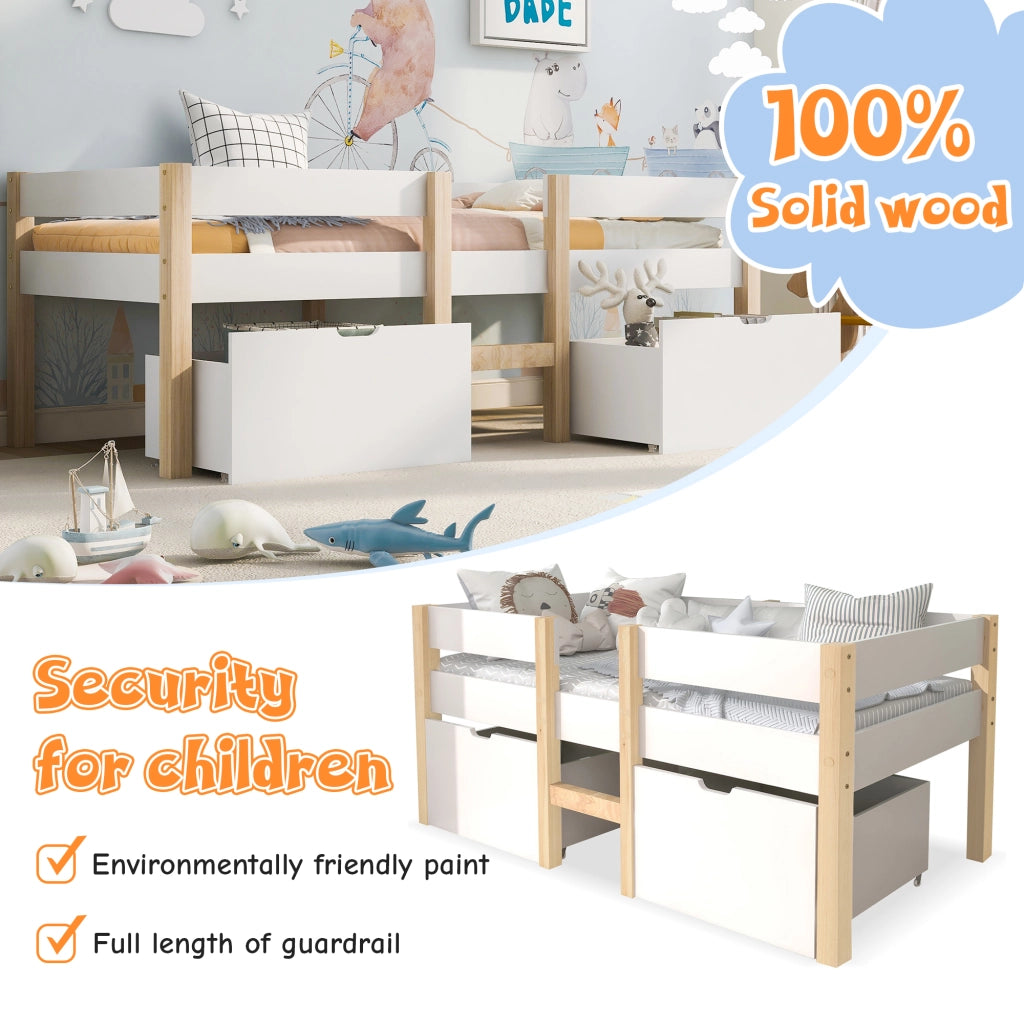 Letto con Cassetti Letto Singolo; Sponda di Sicurezza e Scala; 90×190 cm; senza Materasso; Legno Massello; Bianco