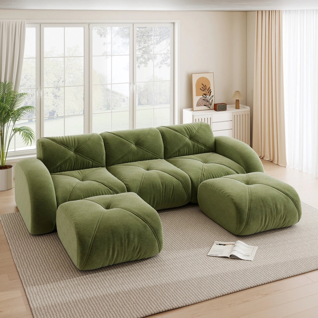 Divano panoramico in U modulare senza struttura con 2 pouf per soggiorno e relax in chenille verde 281 × 171 × 76 cm