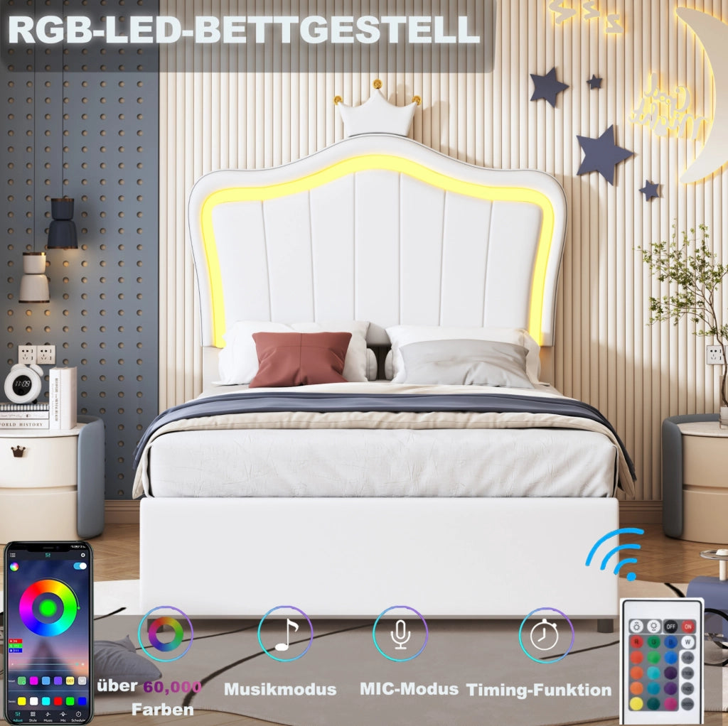 Letto imbottito per bambini 90 x 200 cm con LED e contenitore, bianco