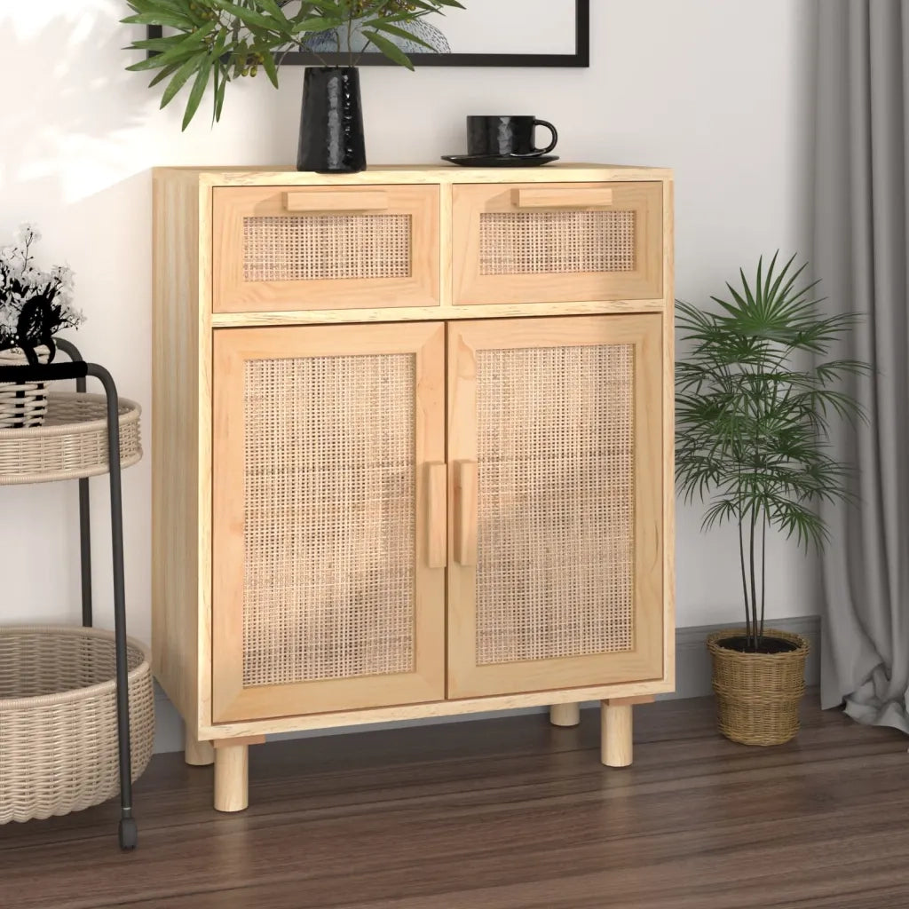 Credenza | Madia | Buffet da pranzo | Armadio da pranzo Marrone 60x30x75cm Legno Massello Pino Rattan Naturale