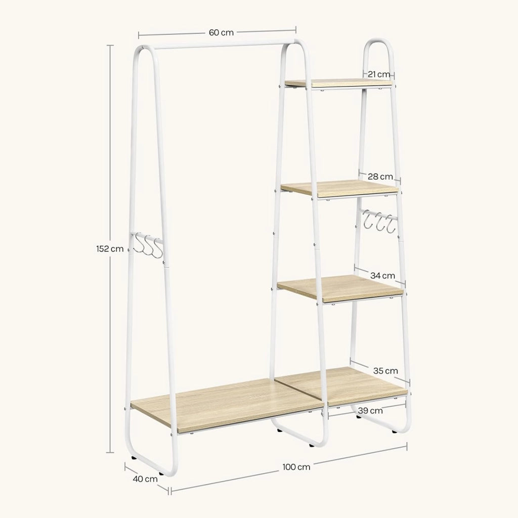 Stand Appendiabiti con Barra, Armadio Aperto con Scarpiera, 4 Ripiani, 6 Ganci Rimovibili, per Camera da Letto, Ingresso, 100x40x152 cm, in Metallo e Legno, Rovere Chiaro + Bianco