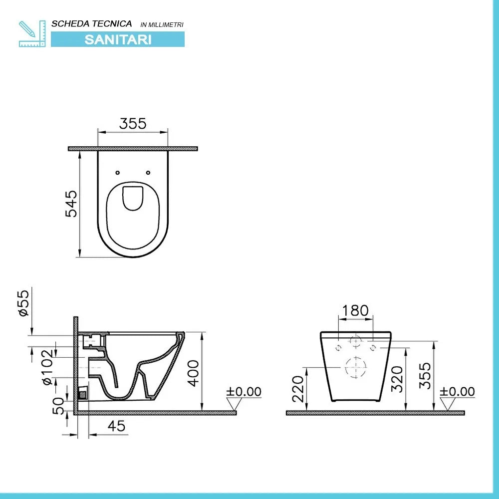 Sanitari sospesi Rimless in ceramica lucida con copriwc soft-close Round