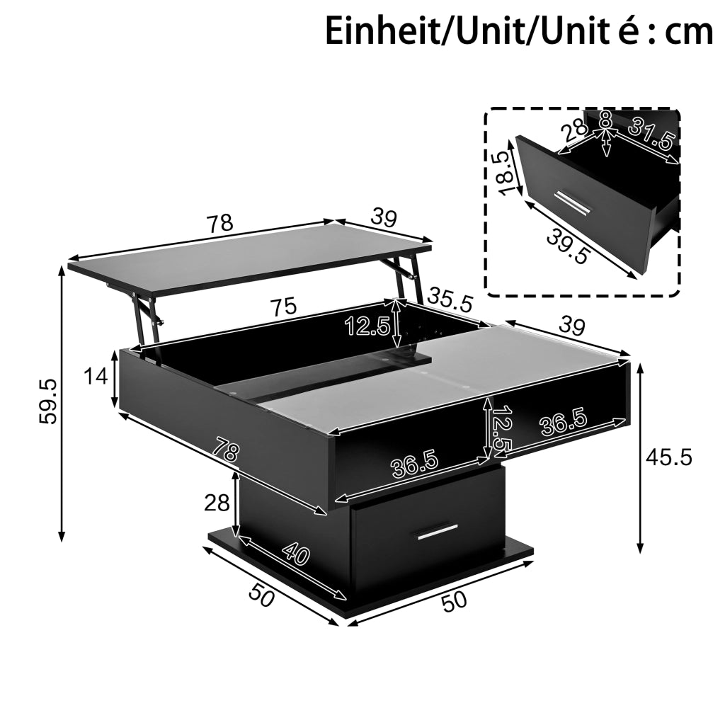 Tavolino da Caffè Sollevabile con 1 Cassetto e 1 Vano e LED; Finitura Parzialmente Lucida; Stile Moderno; in Pannello Truciolare; Nero