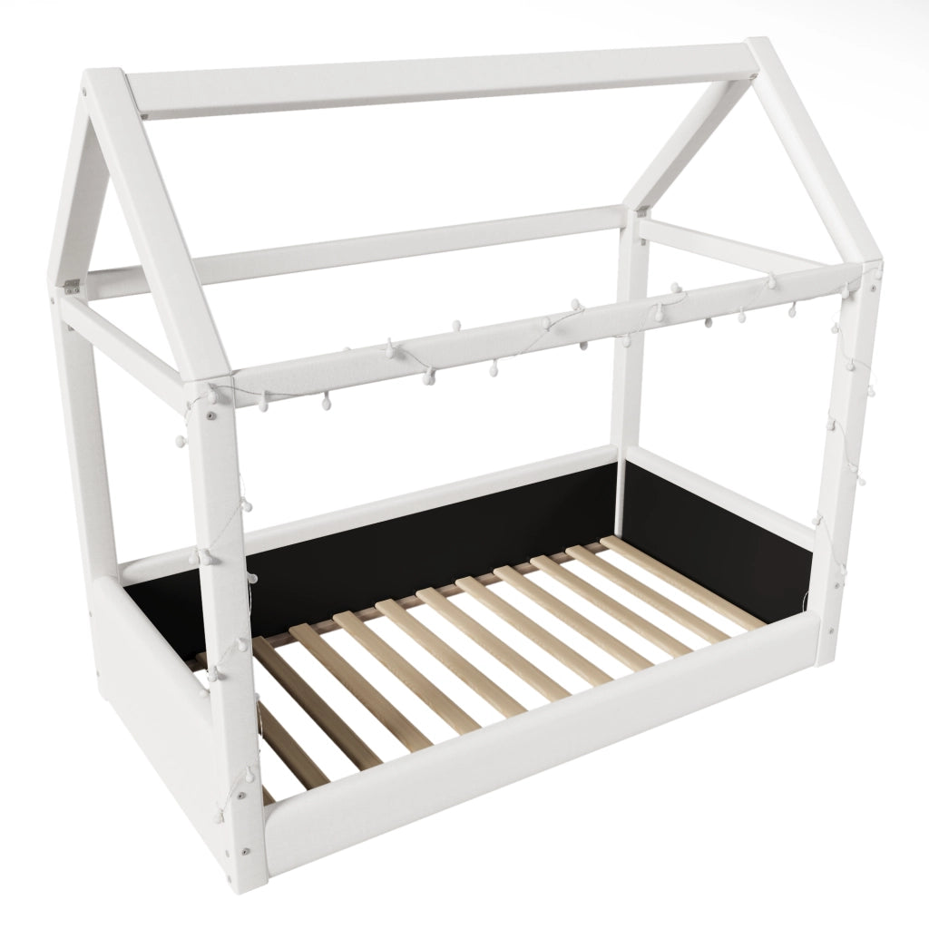 OKWISH Letto a Casetta Singolo con LED, 90×200 cm, senza Materasso, Rivestimento in Tessuto e MDF, Beige