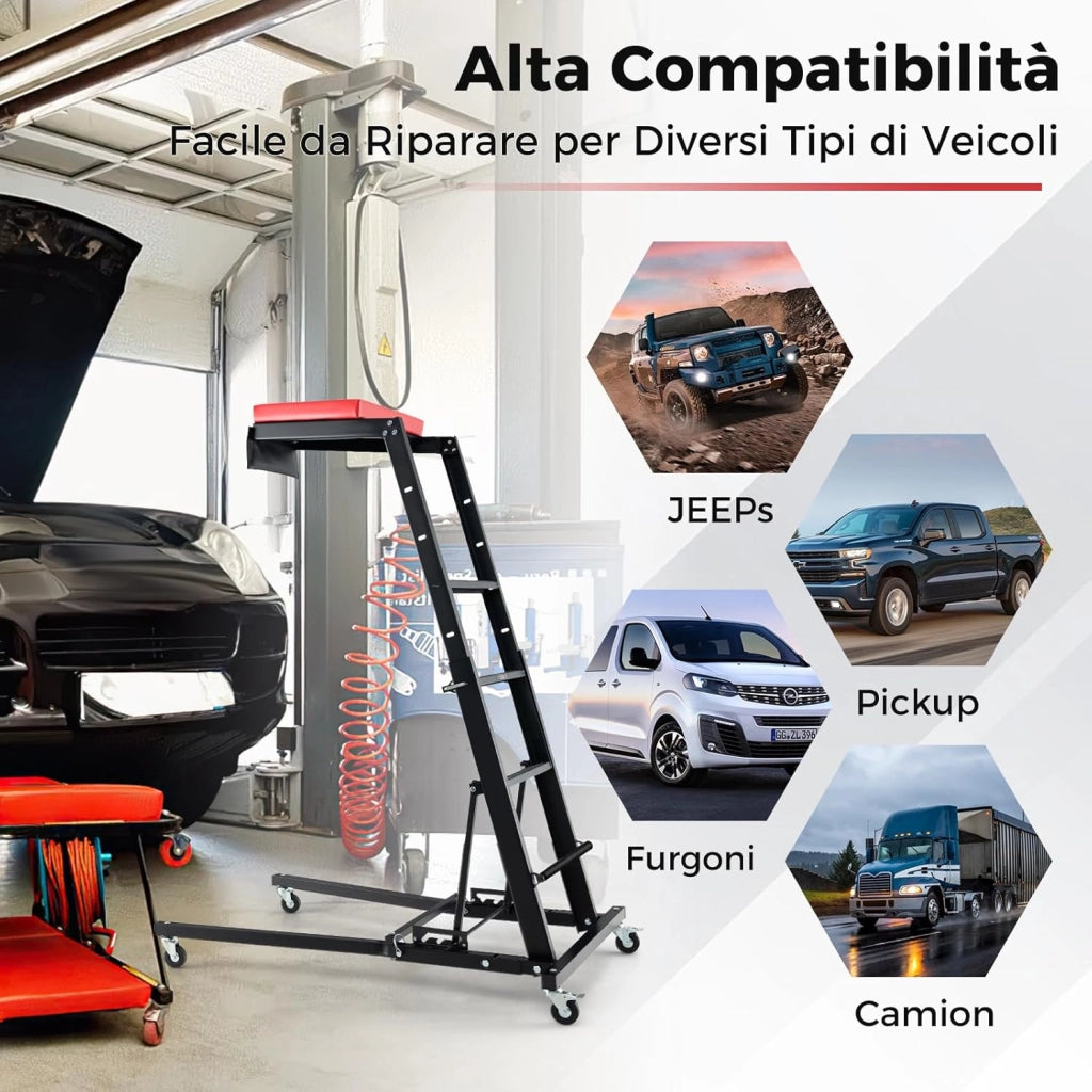 Creeper Pieghevole per Motore, Creeper per Motore Auto con Altezza Regolabile e Angolazione, 4 Ruote, Piattaforma Imbottita, Capacità Carico 180kg, per Garage e Officina di Riparazione