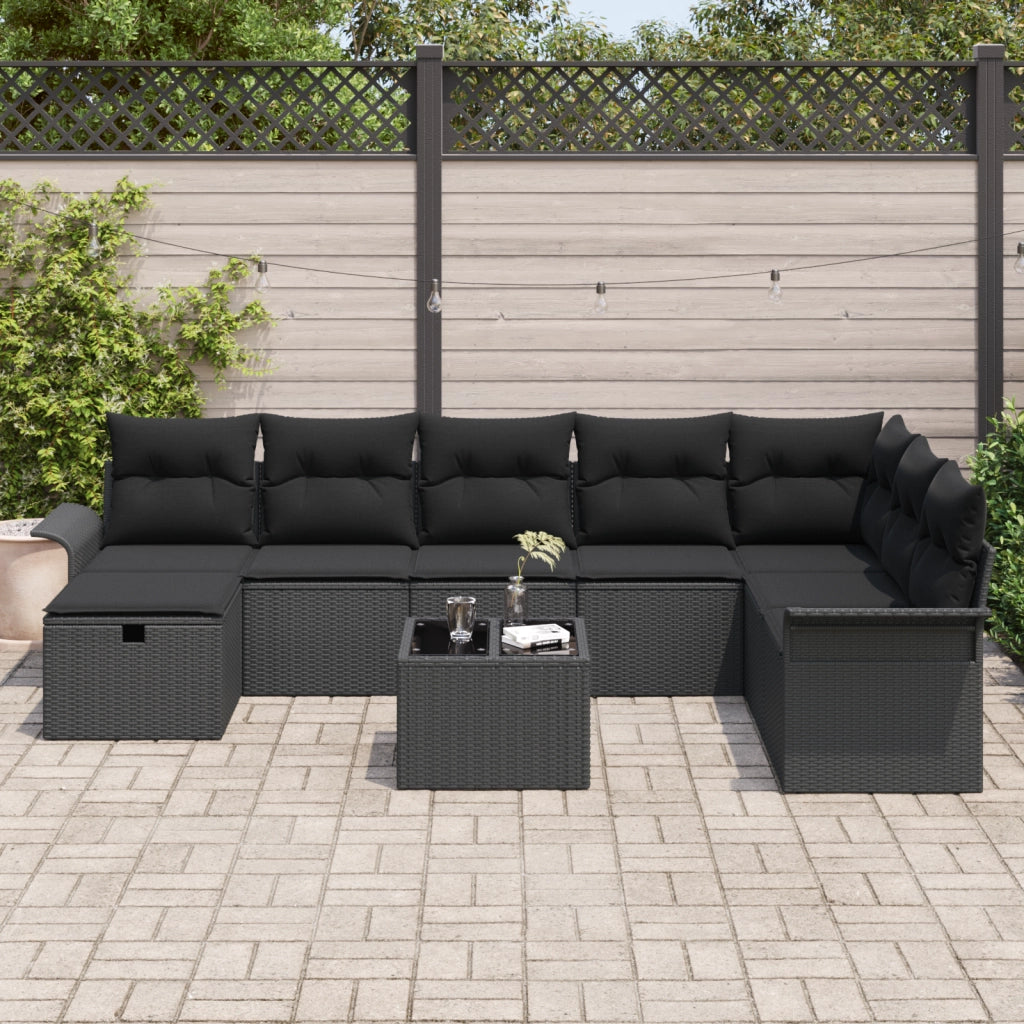 Set Divano da Giardino 9 Pezzi con Cuscini Nero Rattan Sintetico