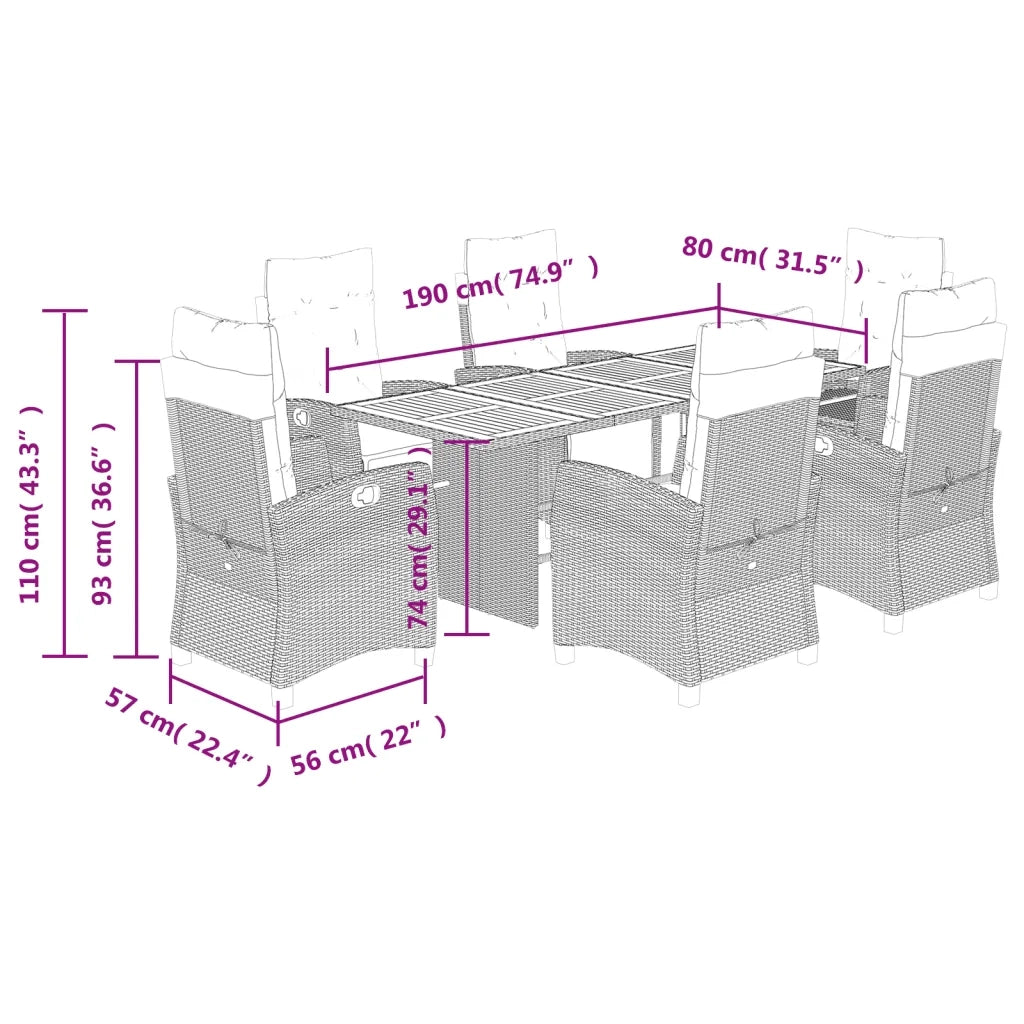 Set da Pranzo da Giardino 7 pz con Cuscini Beige in Polyrattan