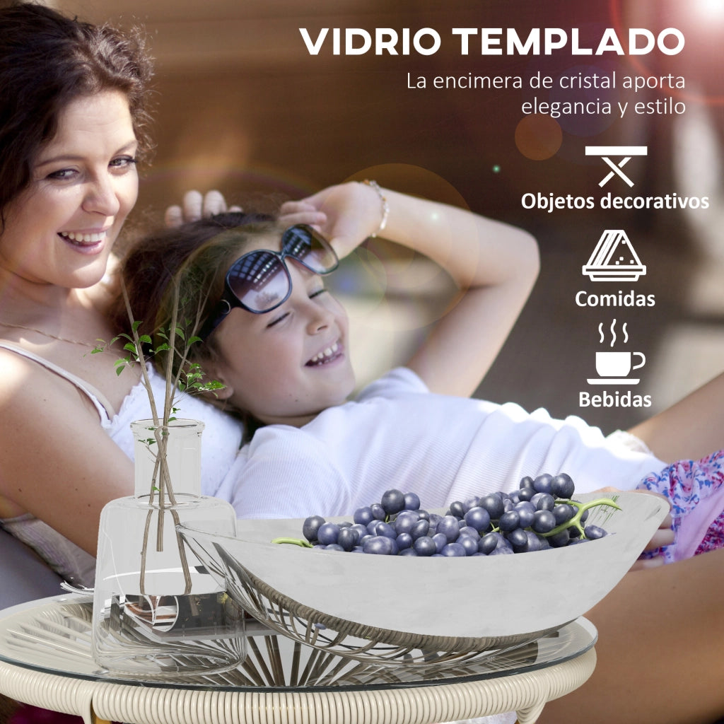 Tavolino da giardino rotondo in rattan sintetico con piano in vetro temperato ?50x50 cm ¨C Xylo ¨C Crema