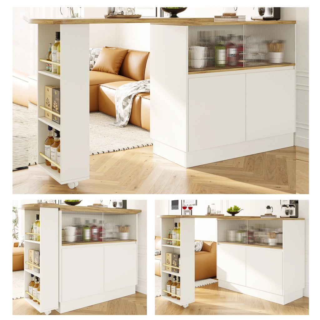 Carrello da cucina girevole con ripiani e anta scorrevole in vetro; mobile bar multifunzione in MDF bianco