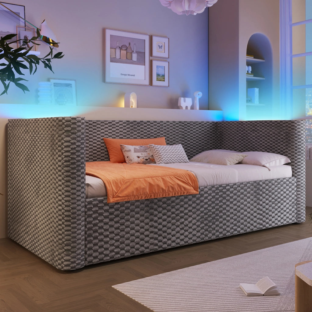 OKWISH Letto a Divano 90×200 cm, Letto Singolo con Contenitore Idraulico, LED Multicolore e Controllo tramite App, senza Materasso, in Velluto, Grigio