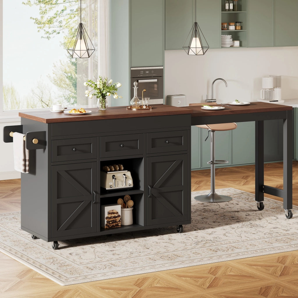 Tavolo da Pranzo Allungabile con Isola Cucina e Cassetti ¨C MINIMAL ¨C Nero 131,5-210 cm