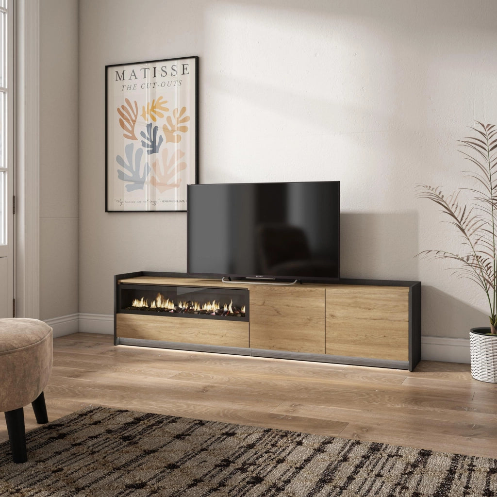 Mobile TV Soggiorno, 207x50x37 cm, Per TV fino a 80", Camino elettrico, LED, Rovere e nero