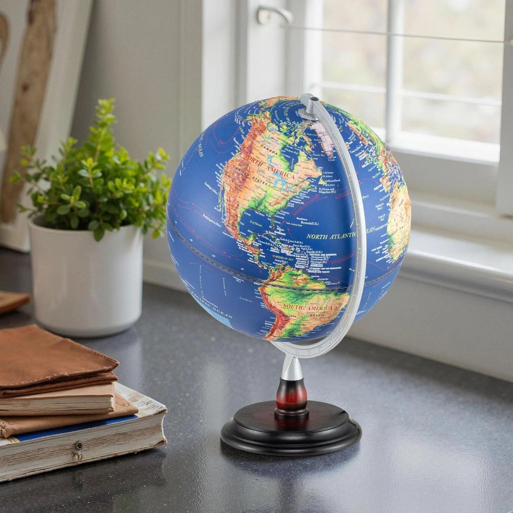Globo illuminato da 30 cm, globo mondiale con mappa in rilievo, illuminazione a LED, display fuso orario, base in legno antiscivolo, globo geografico per studenti, educazione, decorazione