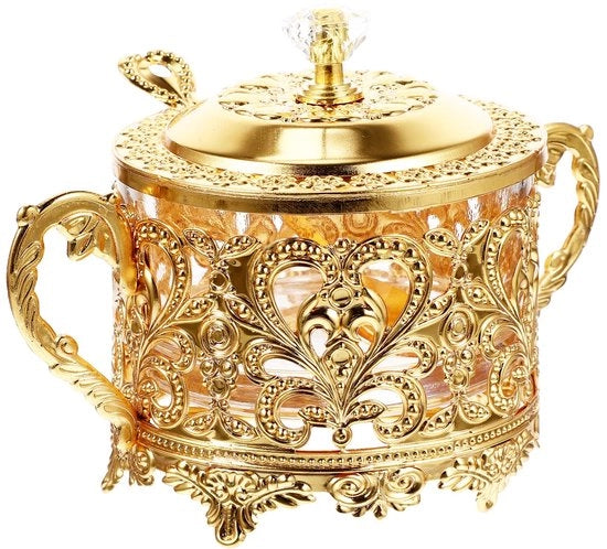 Tazza da zucchero lussuosa turca, piatto da servire con coperchio, tazza decorativa in ottone antico per le delizie turche per l'organizzazione e la conservazione.