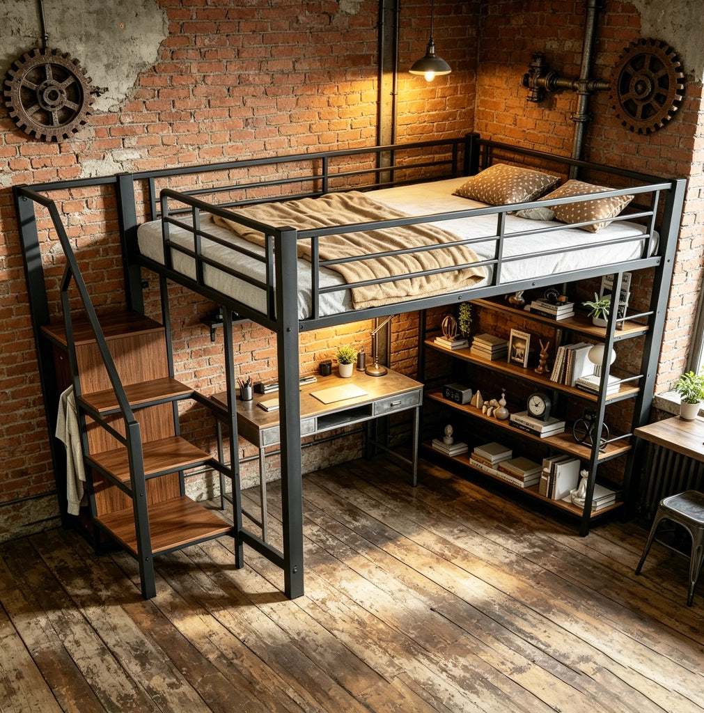 Letto a soppalco 140x200 cm nero metallo con scala contenitore