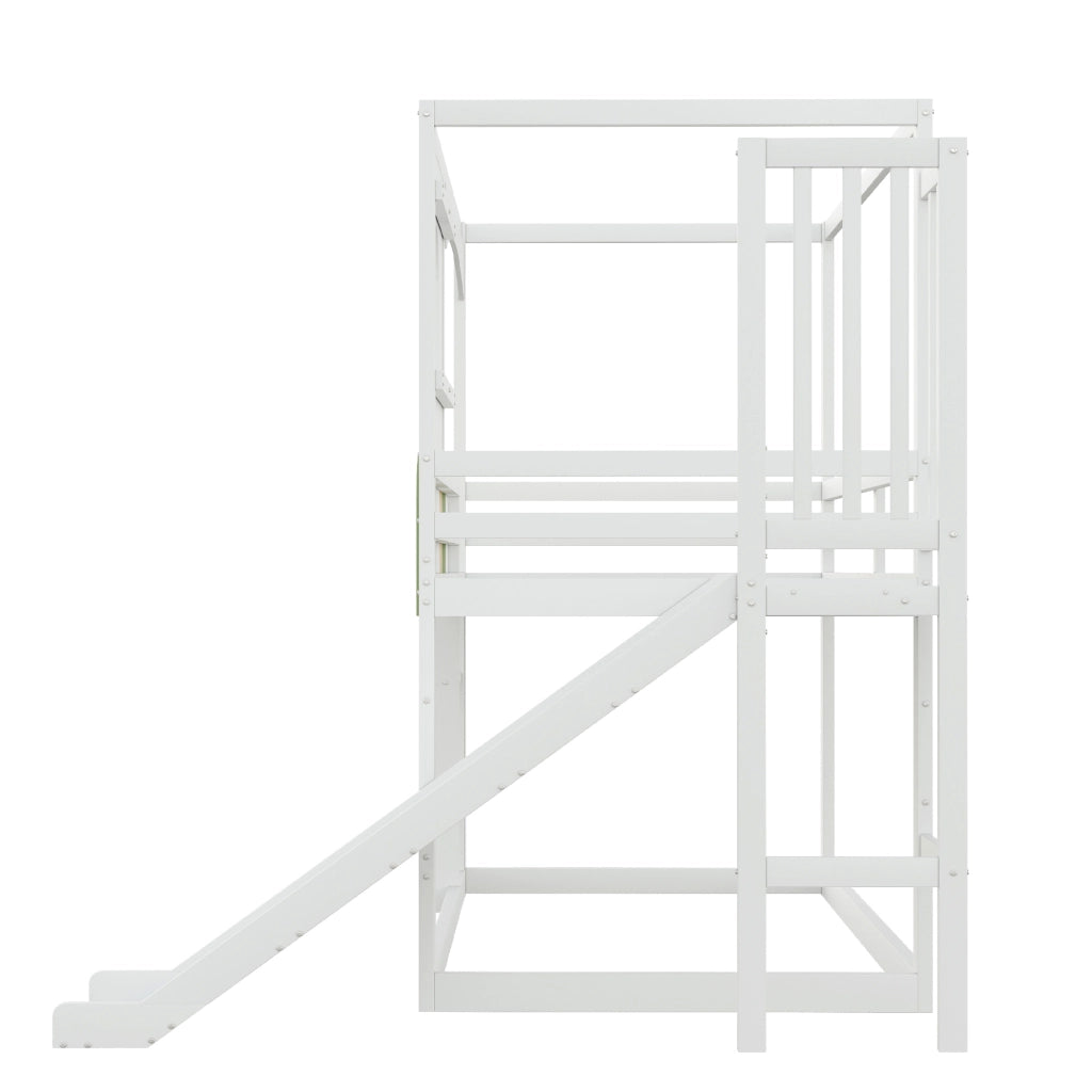 DESMIU Letto a castello bambino 90 × 200 cm con scivolo, scala di sicurezza e finestra, senza materasso, in legno, bianco