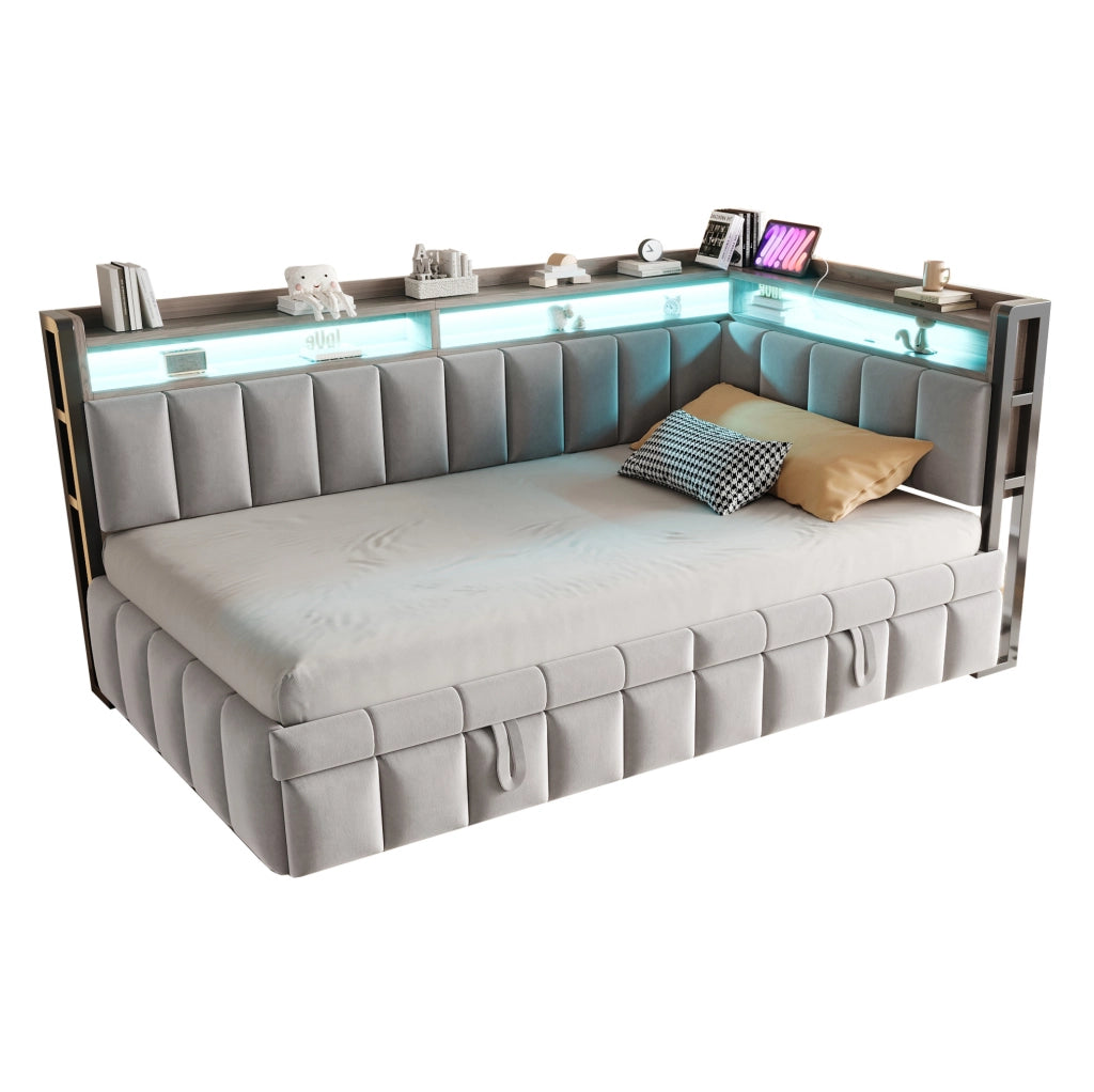 Divano letto estraibile 90x200 cm in velluto grigio chiaro con LED e USB-C