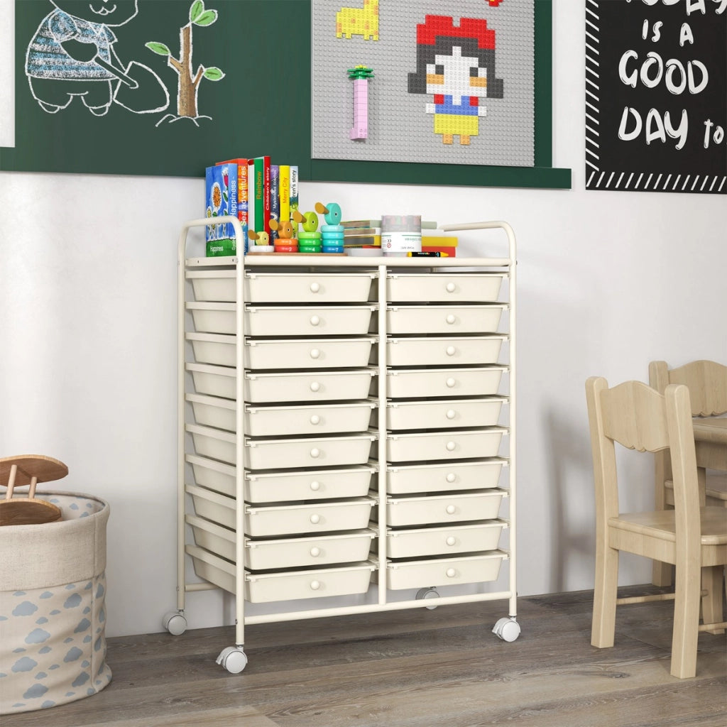 Carrello cassettiera multiuso e leggero con 20 cassetti, Contenitore con ruote per ufficio e casa Bianco