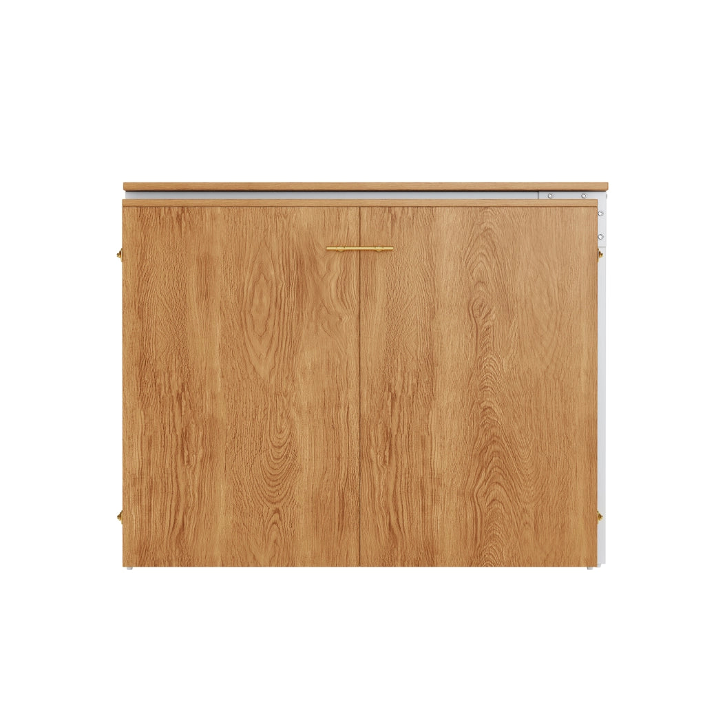 Letto a scomparsa 90 × 200 cm con scrivania girevole, materasso incluso, con ruote, in metallo e legno, naturale