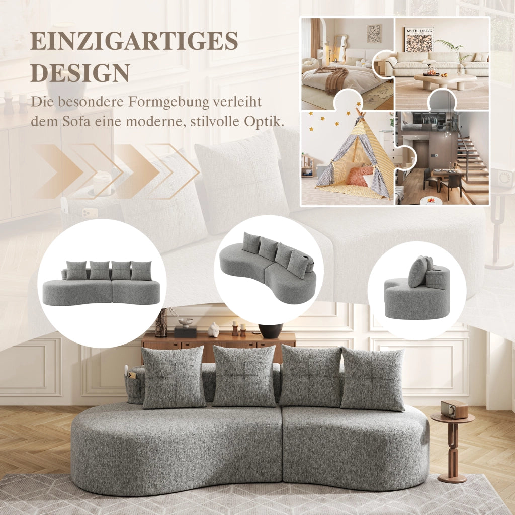 DIVANO 240x109x60 cm in lino grigio chiaro con 4 cuscini