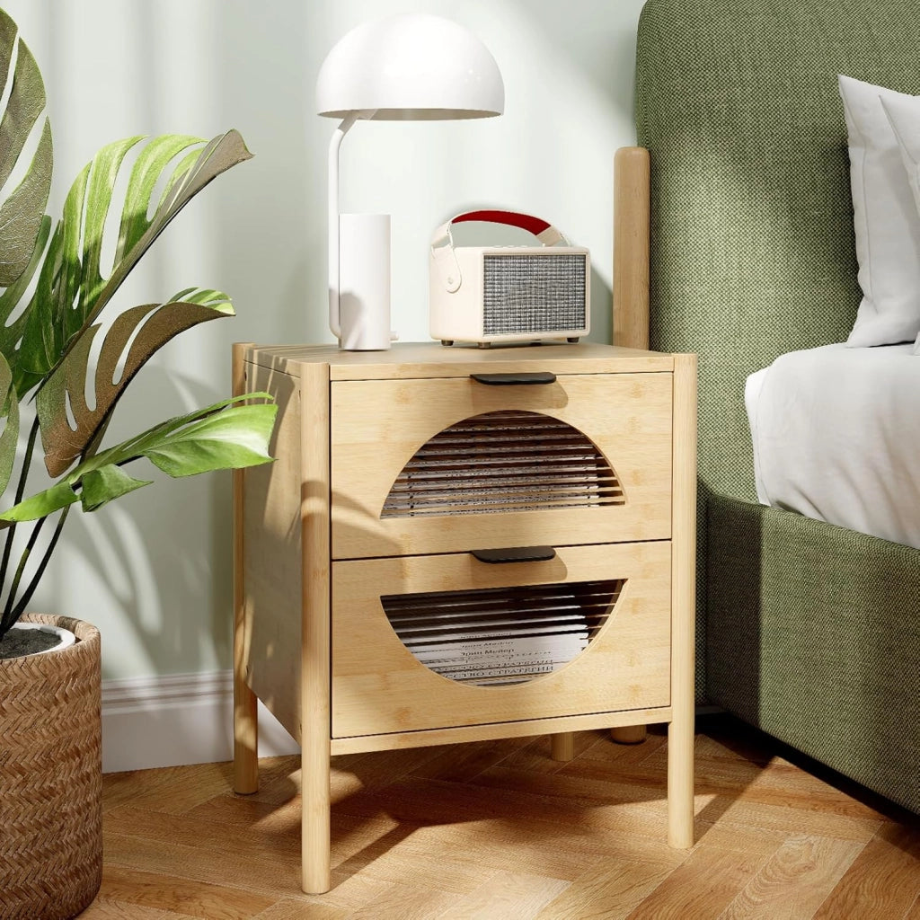 Comodino in bambù, comodino con 2 cassetti in vetro striato, gambe con stampa antiscivolo, 45 x 40 x 56 cm, tavolino per camera da letto, soggiorno