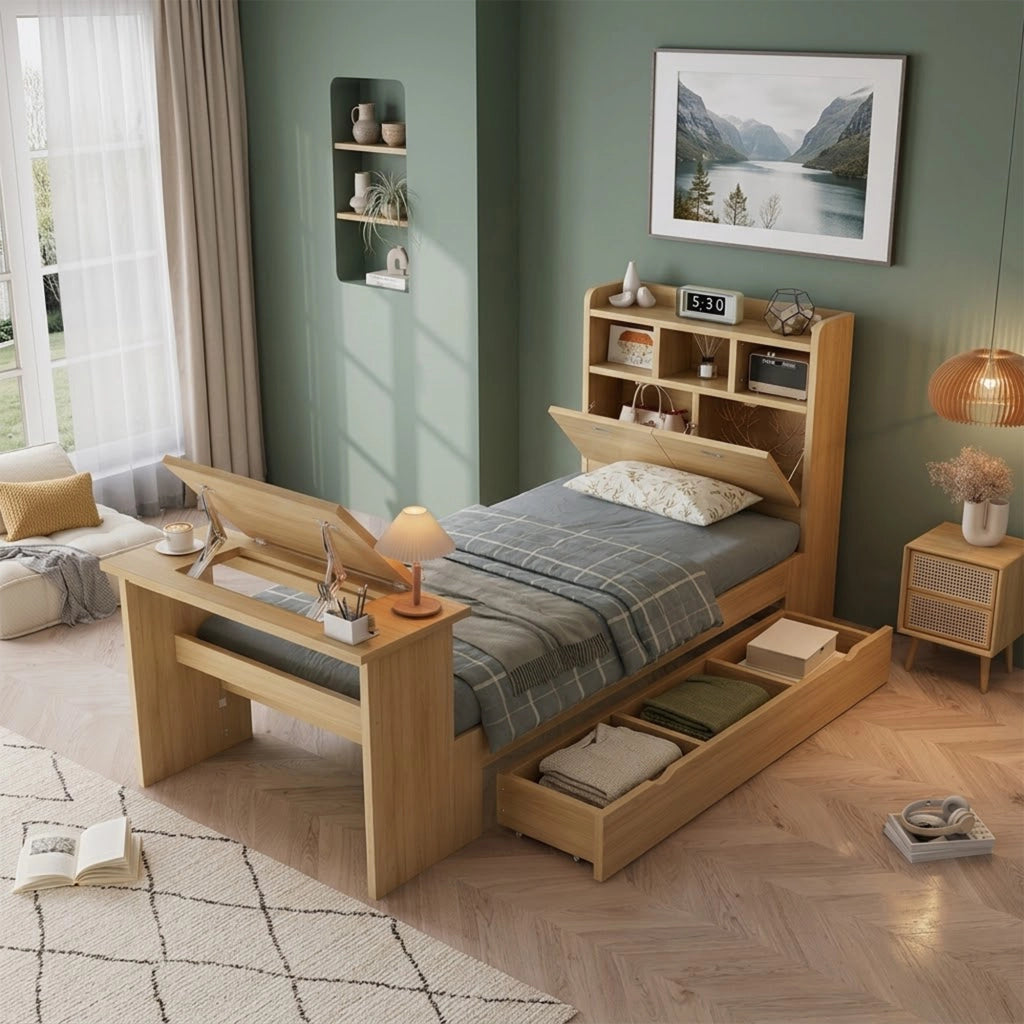 Letto singolo 90x200 cm in legno naturale con contenitore, mensola testiera, tavolo ribaltabile e cassetto reversibile