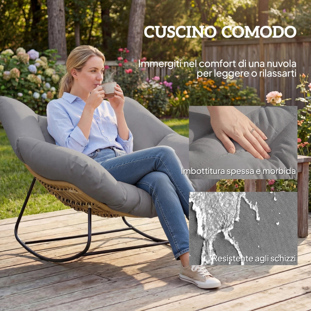 Sedia a Dondolo da Interni ed Esterni 97x107x79 cm con Seduta Extra Larga e Cuscino Imbottito in Cotone PP Grigio