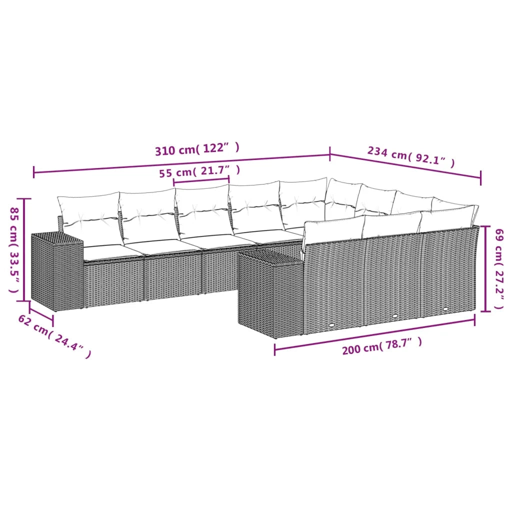 Set Divani da Giardino 10pz con Cuscini in Polyrattan Nero