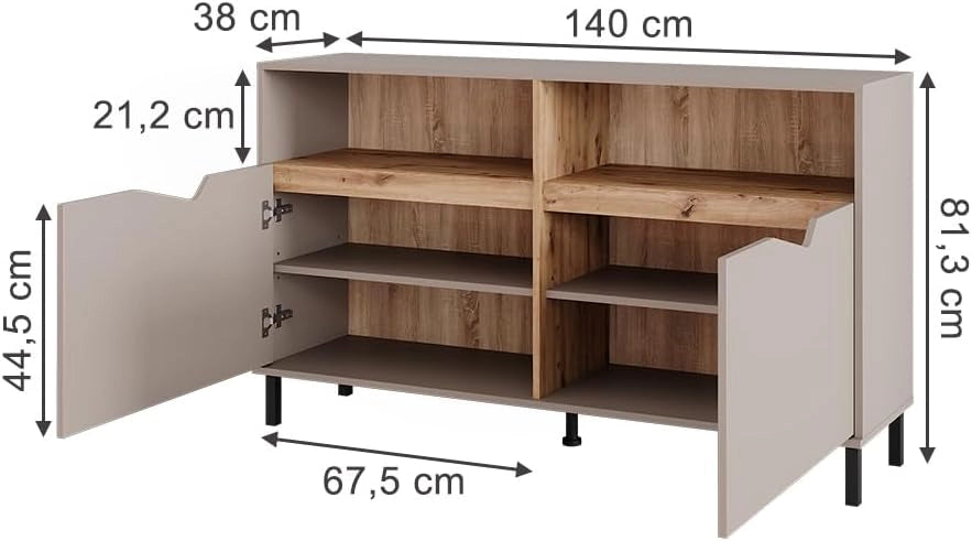 Credenza Marelle, Greige/rovere artigianale, 140 x 81.3 cm con 2 porte