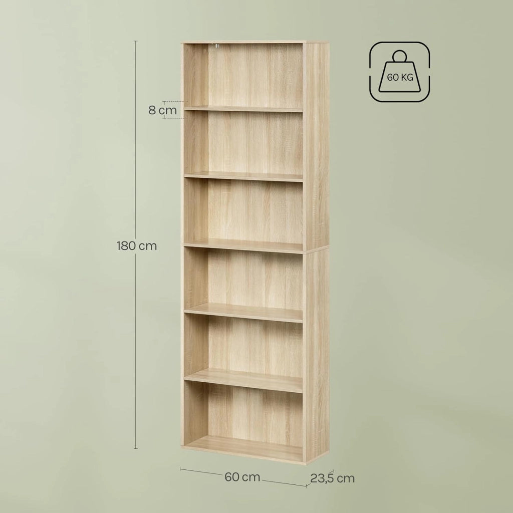 Libreria a Pavimento con 6 Ripiani Regolabili, Scaffale Aperto per Soggiorno Ufficio Camera, Divisorio Ambienti, 60x180x23,5 cm, Rovere Chiaro