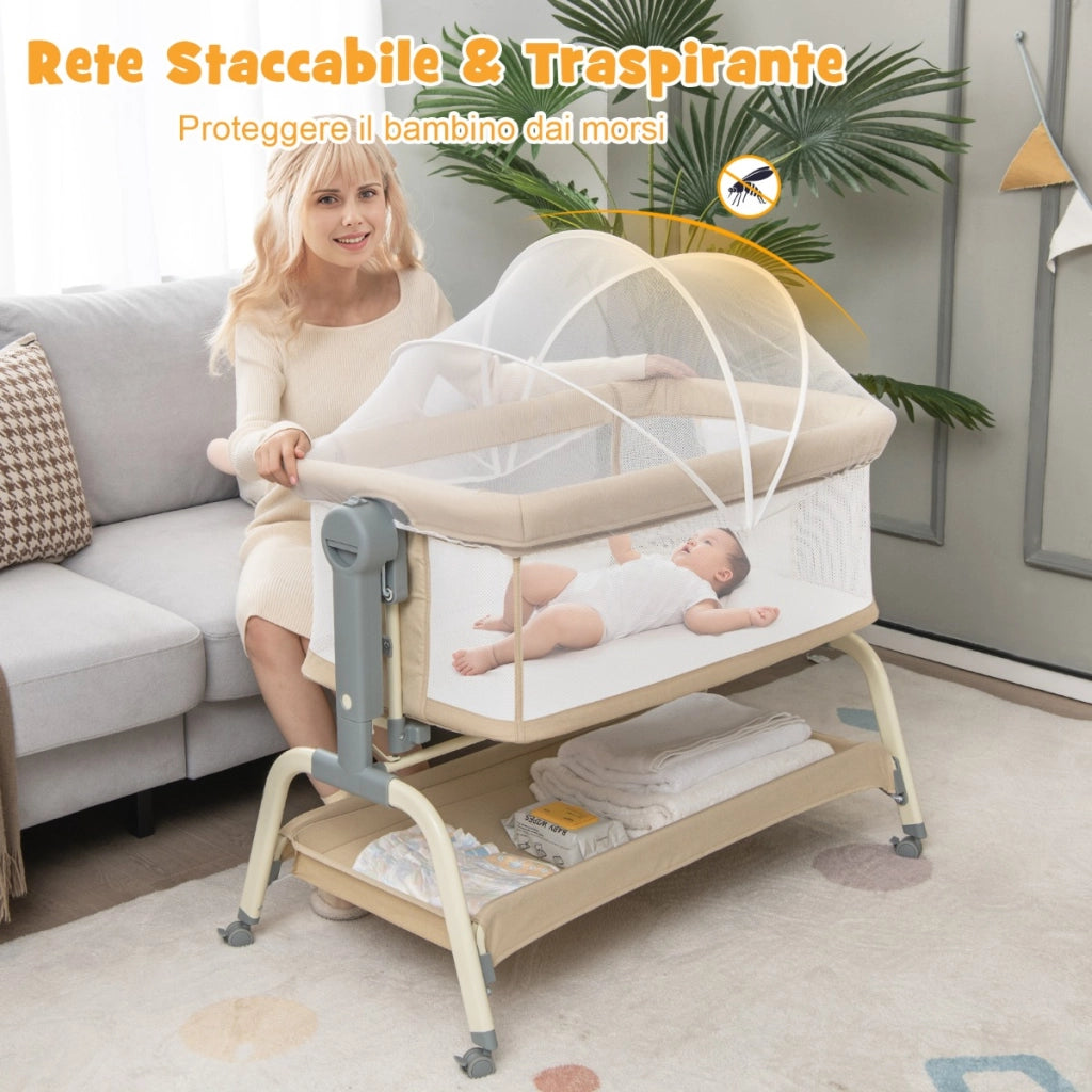 Culla per neonati con 6 altezze regolabili materasso rete a 4 lati cesto portaoggetti, Culla portatile Beige