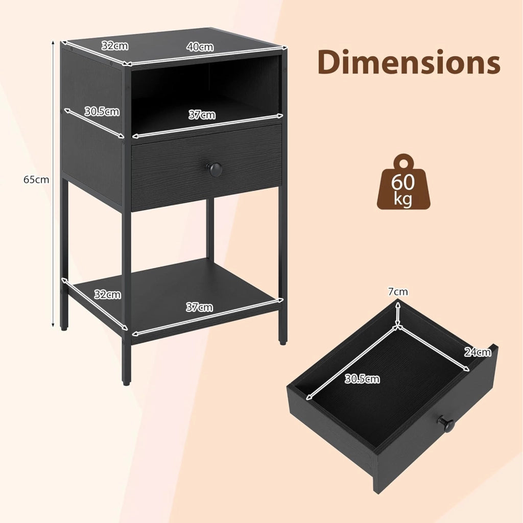 Comodino con Stazione di Ricarica Integrata, Cassetto e Scomparto, Poggiapiedi Regolabili, Stile Industriale per Camera da Letto, Soggiorno e Ufficio, 40 x 32 x 65 cm