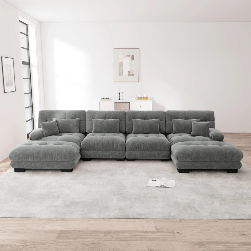 Set di divani modulari con ottomani mobili in ciniglia grigia; 406 × 145 × 81 cm