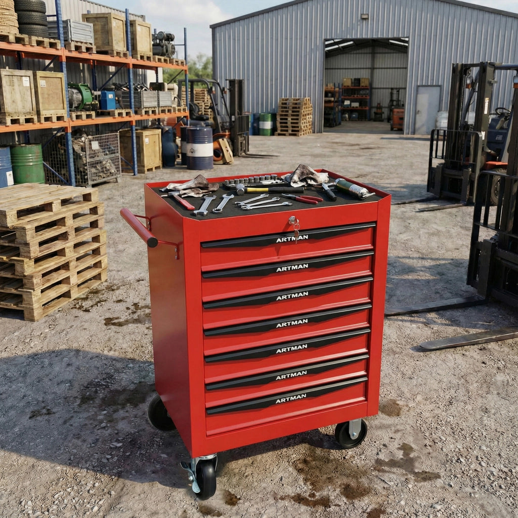 CARRELLO PORTAATTREZZI 7 cassetti 60x33x77,5 cm acciaio rosso/nero