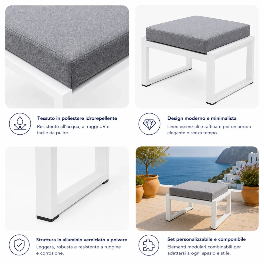Tempo Style - Pouf MIKONOS in alluminio bianco/grigio | Resistente alle intemperie | Con morbido cuscino sfoderabile | Per ambienti esterni come giardino, balcone, terrazza