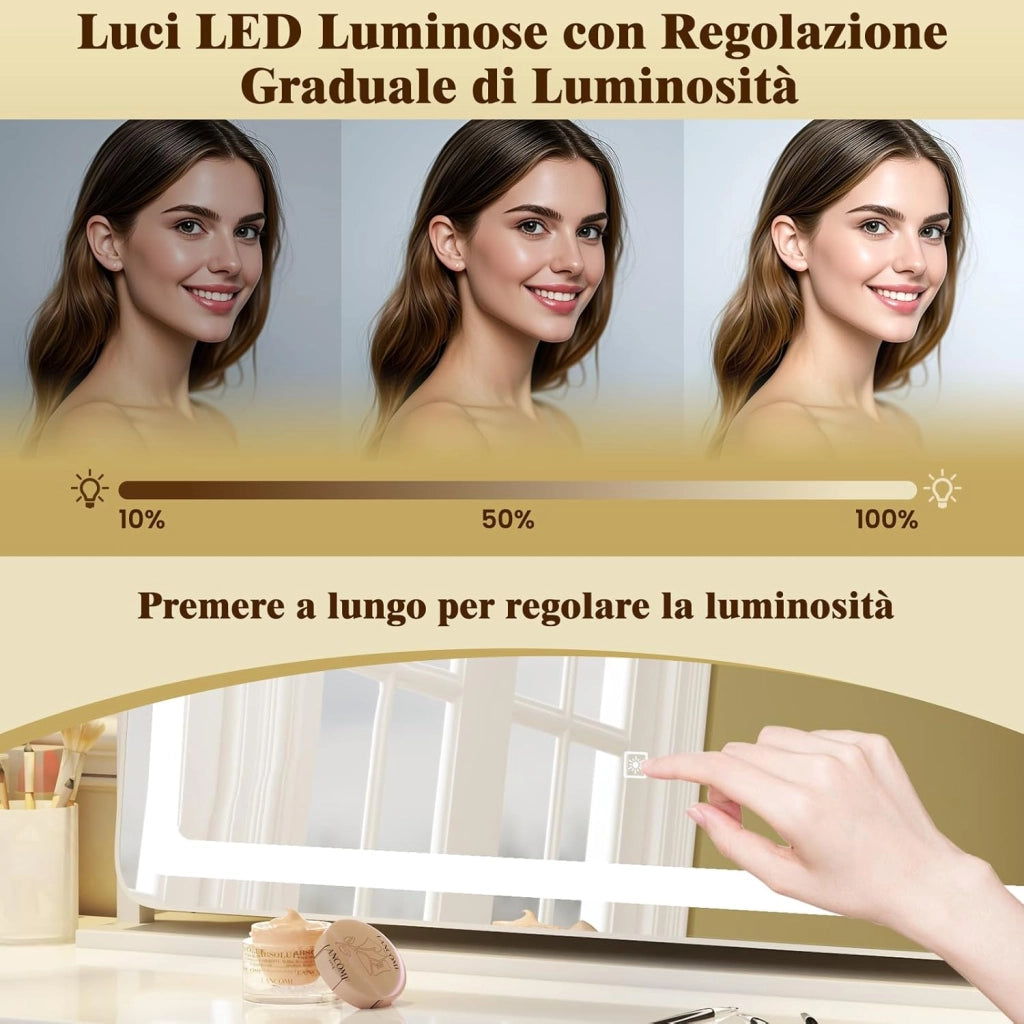 Speechio da Trucco con Luci Regolabile in Luminosità e a 3 Colori, Specchio da Tavolo con Specchio Ingrendimento 10X, Specchio da Trucco a Rotazione, 80 x 55 cm, Bianco