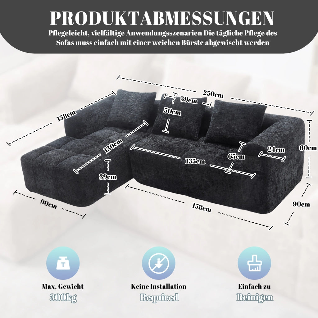 DIVANO Angolare 250x158x60 cm Chenille Nero