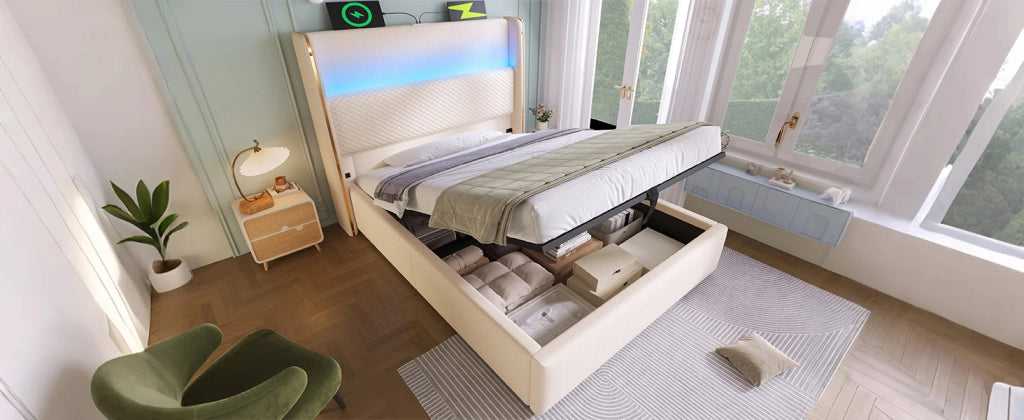 DESMIU Letto singolo 90 × 200 cm con LED, USB e Type-C, vano idraulico, senza materasso, beige
