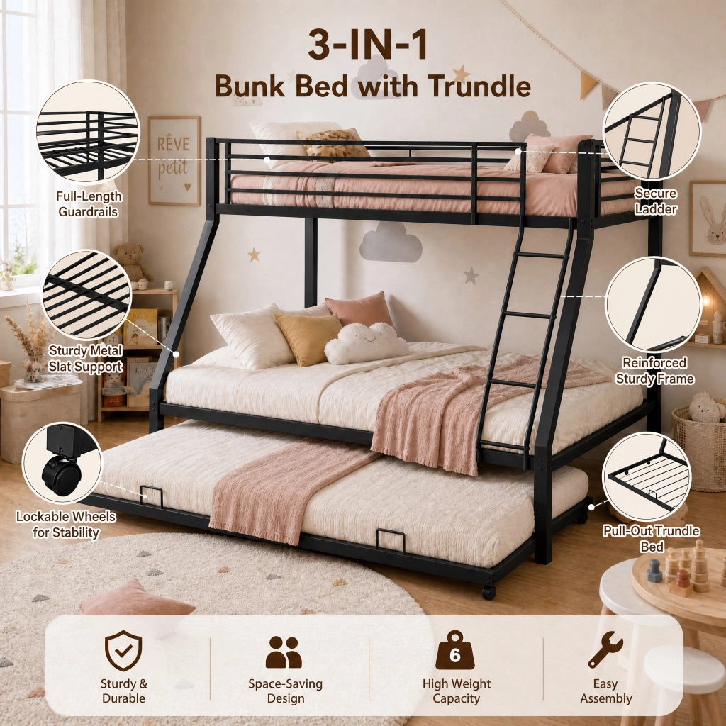 Letto a castello 90 × 200 cm e 140 × 200 cm con letto estraibile 90 × 190 cm, senza materasso, nero