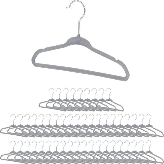 Set di 50 grucce per bambini con fodera antiscivolo, ganci per pantaloni e fori per cappuccio - ruote per girare in grigio