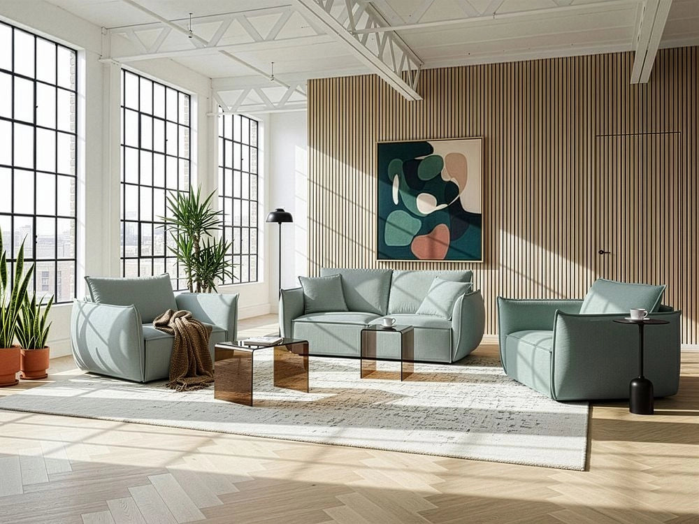 Set da salotto in tessuto Seduta bassa e profonda Schienale imbottito Accogliente Moderno 5 posti verde chiaro Moderno Accogliente