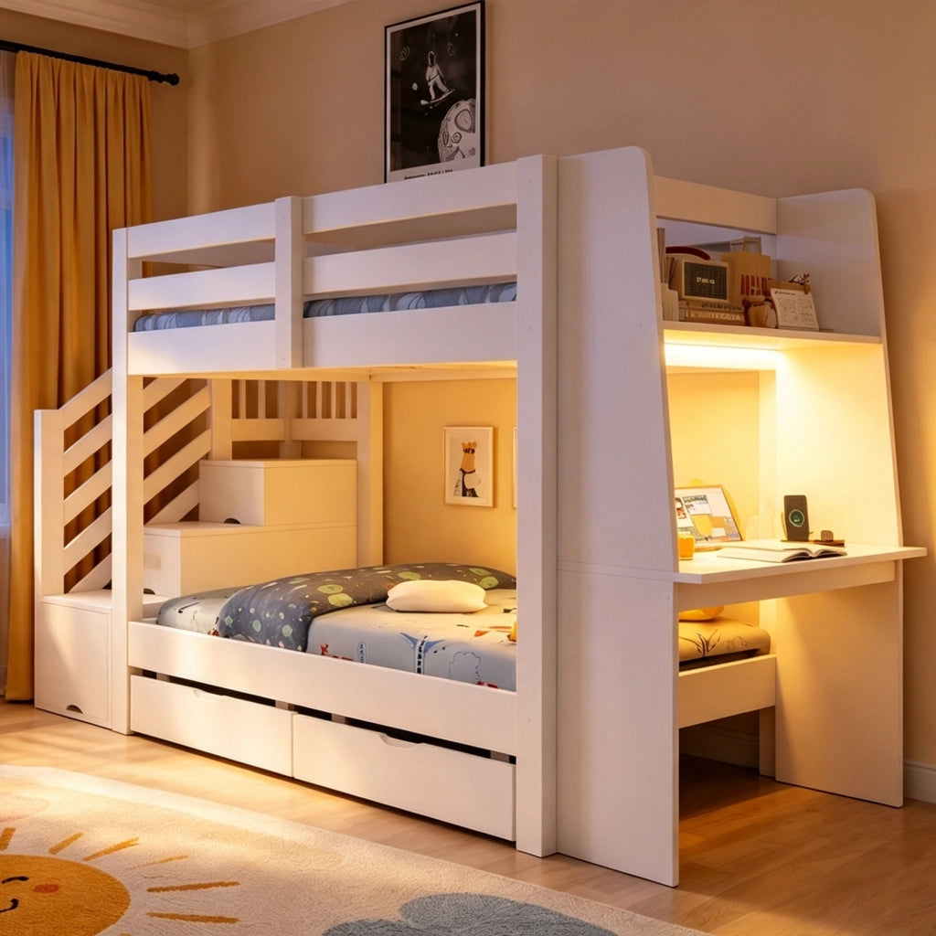 Letto a soppalco 90x200 cm con scrivania; libreria; LED e cassetti; bianco