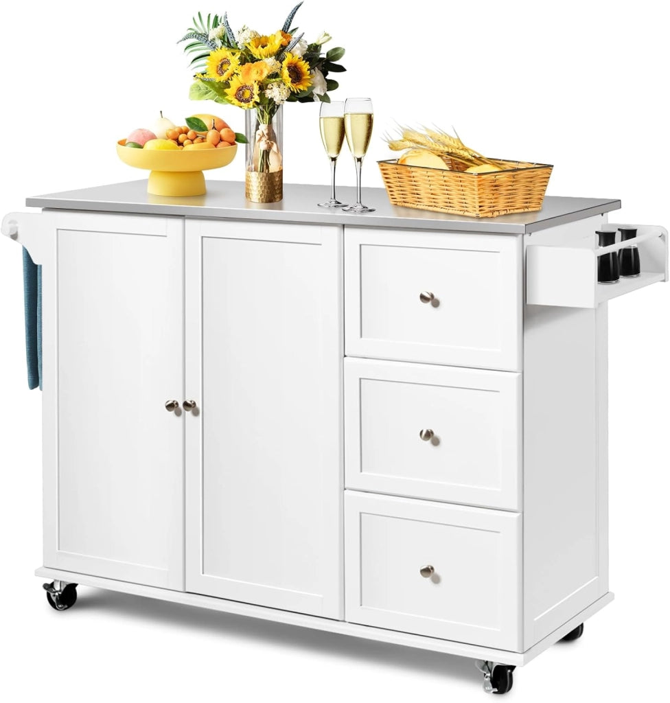 Carrello da cucina con piastra in acciaio inox, armadio da cucina con ruote, isola mobile con 3 cassetti e ripiani regolabili, carrello da servizio, carrello da cucina, carrello da cucina, 135
