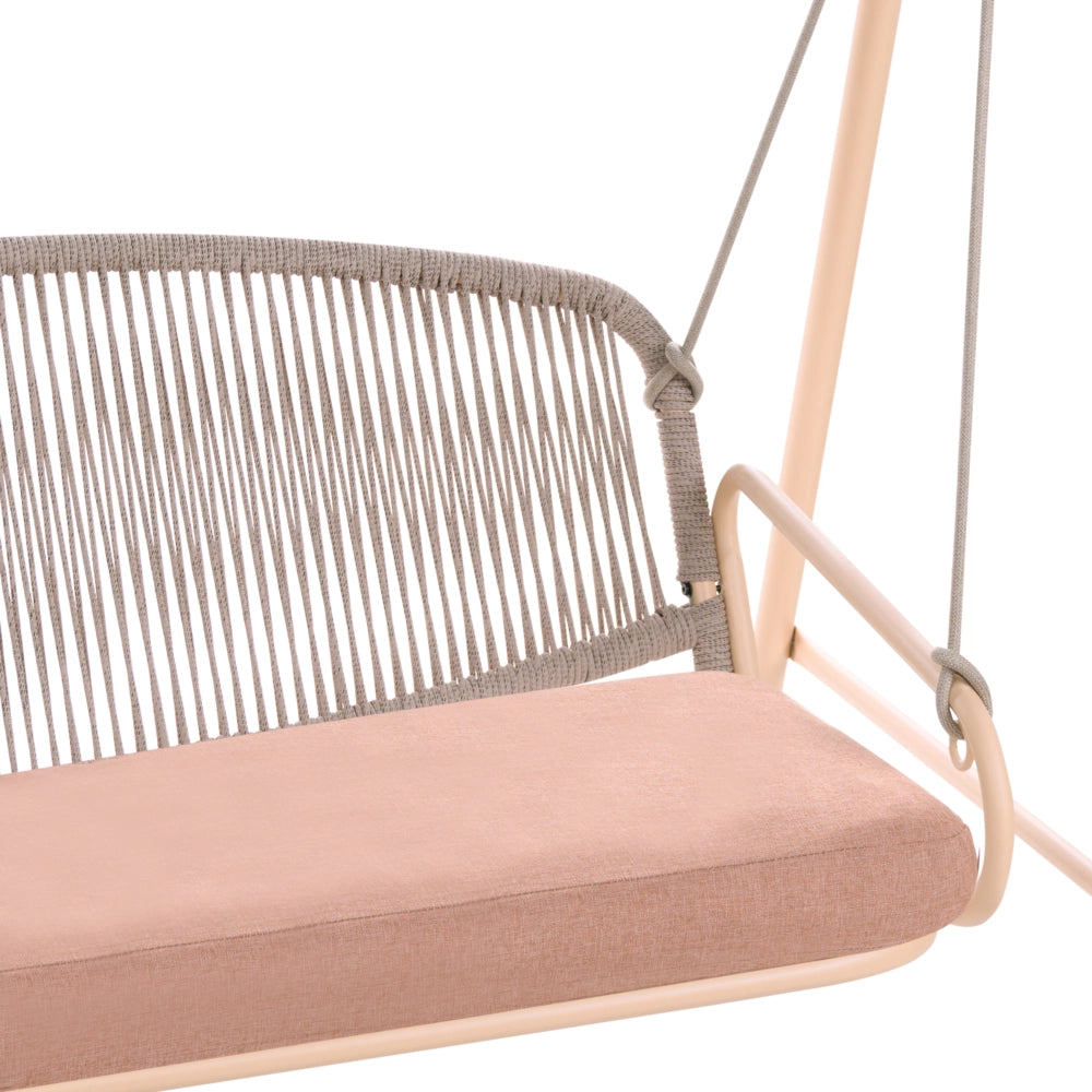 Dondolo da giardino con struttura in acciaio marrone, cuscini in tessuto olefinico e schienale in corda intrecciata, a due posti, in stile mediterraneo