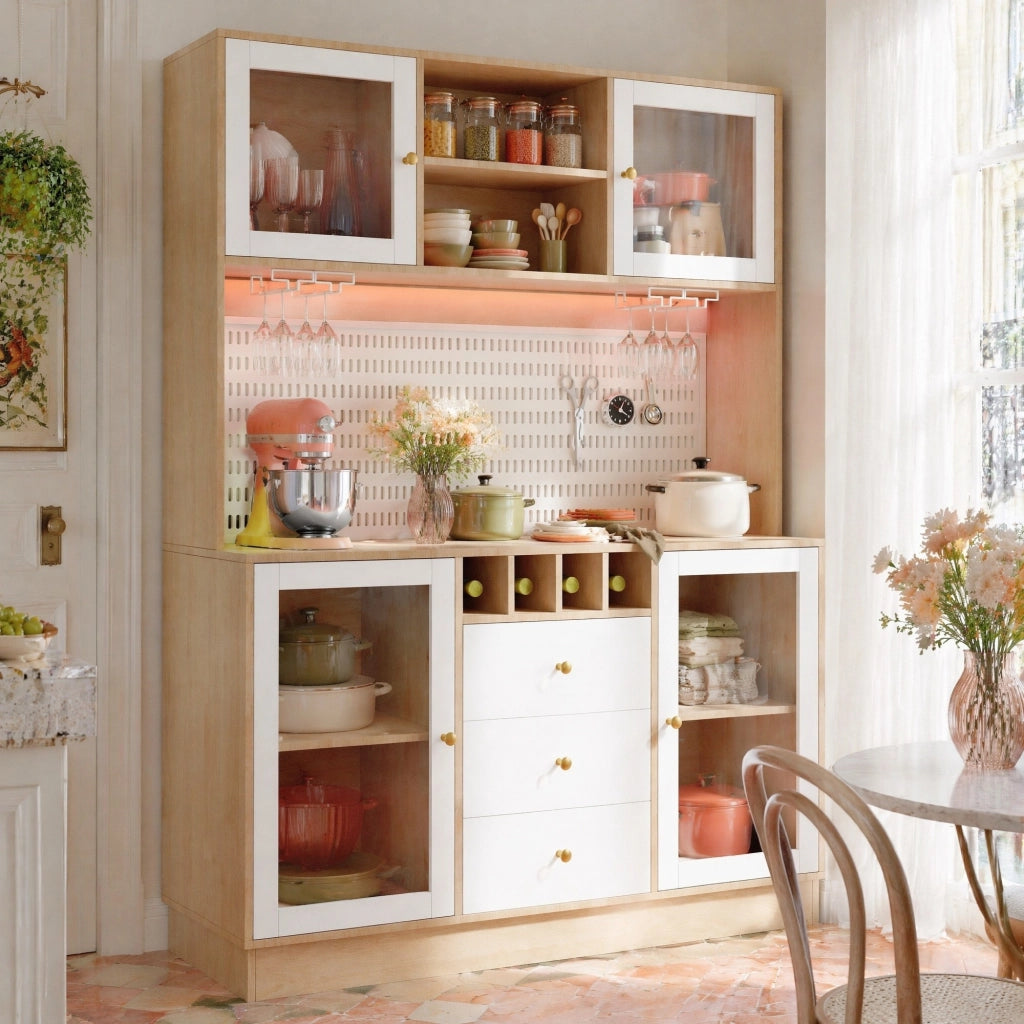 Colonna da cucina con LED, porta calici e ripiani regolabili, MDF e vetro, bianco 140 × 40 × 185,7 cm