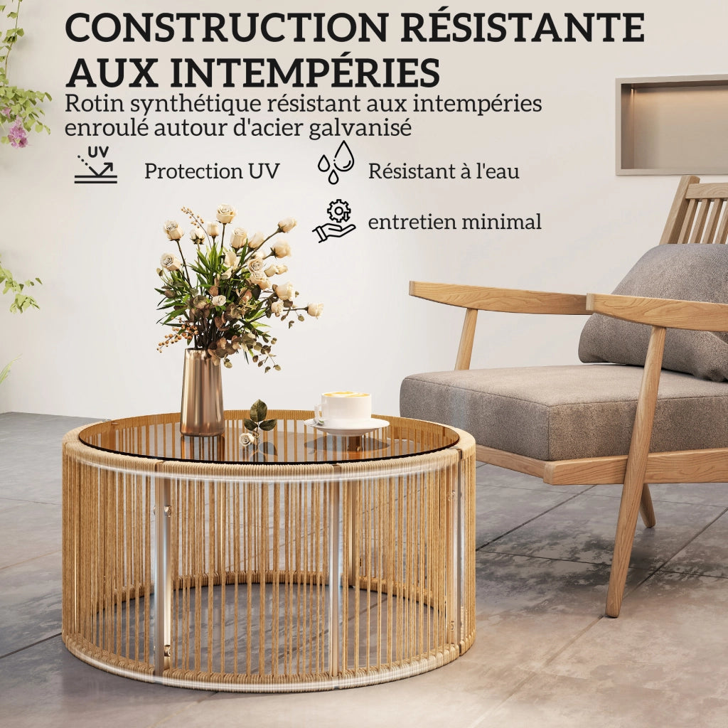 Tavolino da giardino rotondo in polyrattan ¨C zephmum ¨C vetro temperato, acciaio, 70x70x33 cm, marrone