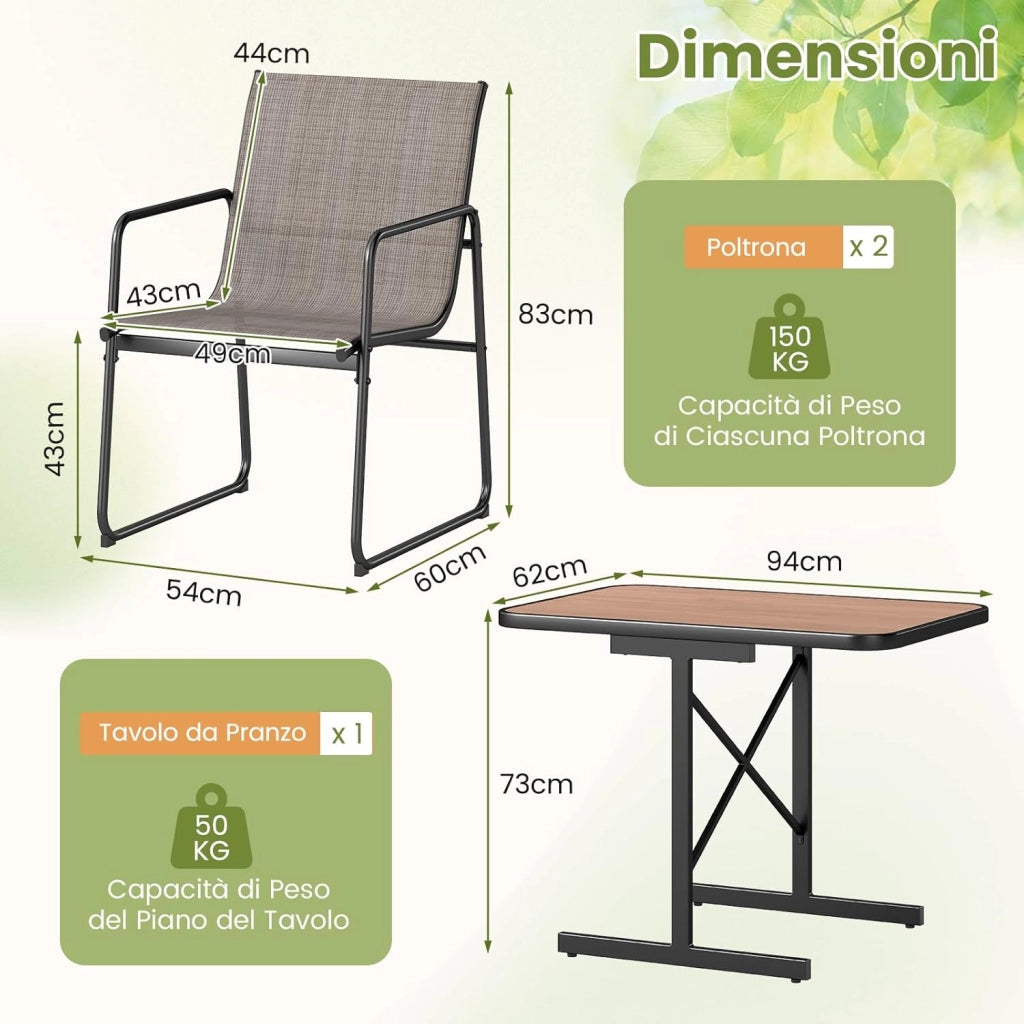 Set Bistro da Esterno 3 Pezzi, Tavolo e Poltrone da Giardino, Tavolo da Pranzo Rettangolare, Poltrone in Tessuto, per Giardino Cortile