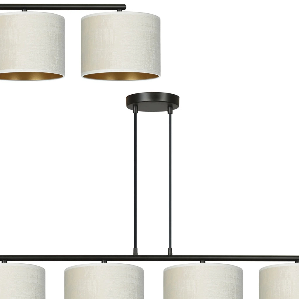 Lampadario 4 Luci Ganesha In Acciaio Nero E Paralumi In Tessuto Beige