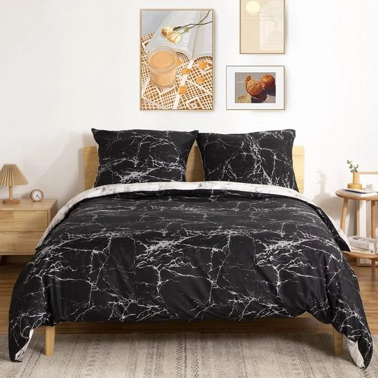 Set di coperte da letto, 135 x 200 cm, microfibra, 2 pezzi, finitura marmo, a righe nere e bianche, con cerniera a zip e 1 cuscino di 80 x 80 cm